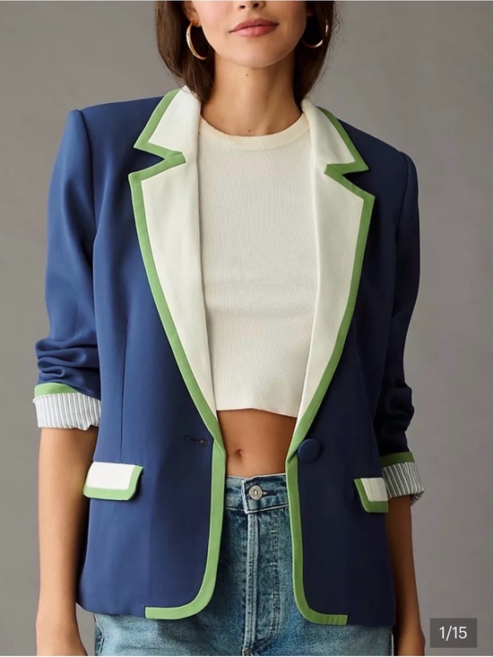 Anthropologie Jackets & Blazers - Mauve by Anthropologie French Navy Blazer with White & Green Trim Sz XS